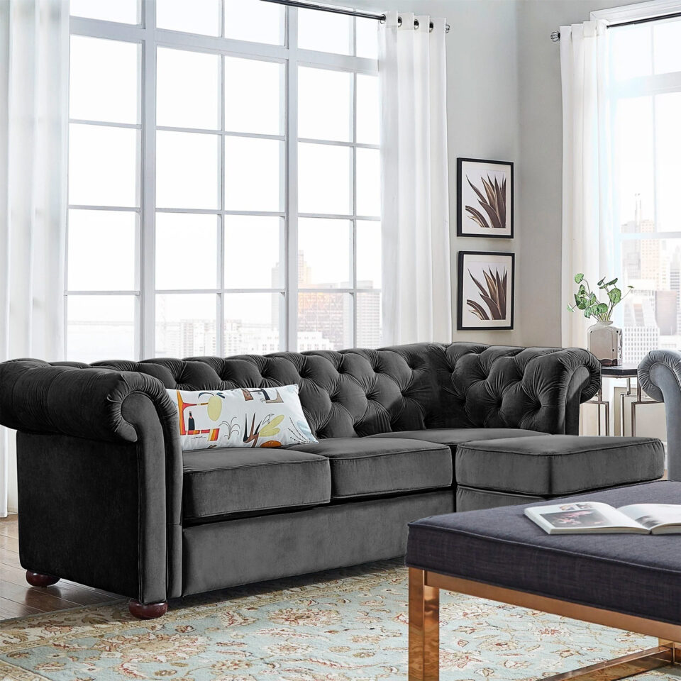 Barcelona 3-Seater Velvet L-Shape Sofa – Black