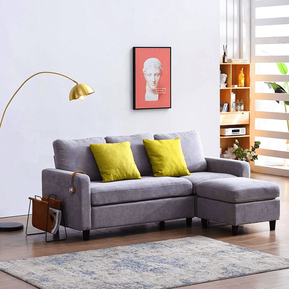 Bobkona 4-Seater Polyester L-Shape Sofa – Light Grey…