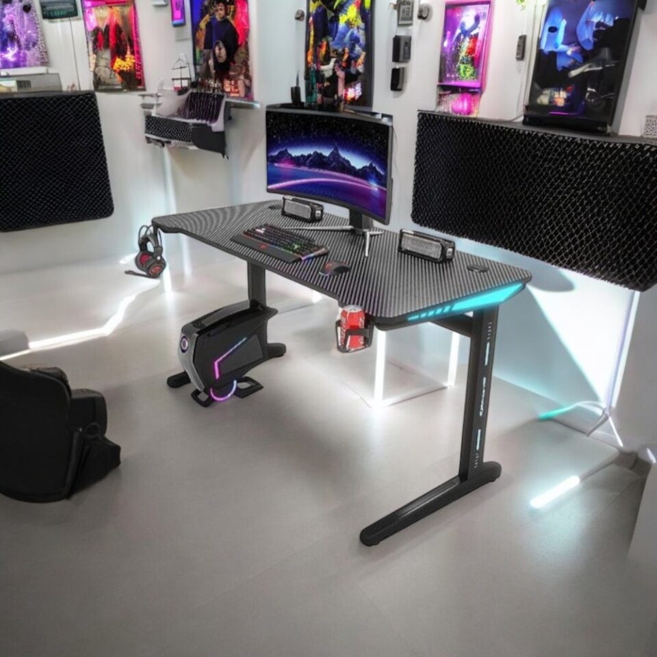 Gaming Desk Embeded Carbon Fiber RGB D-Shaped Black – 120cm…