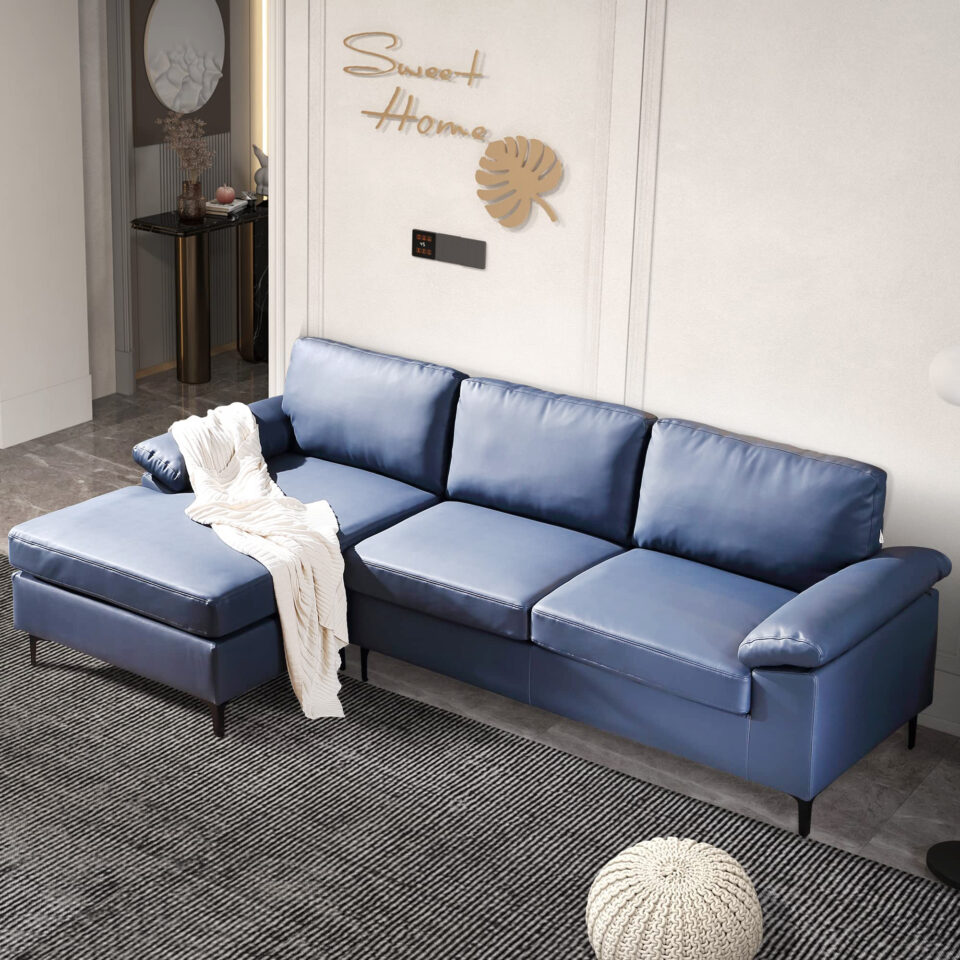 Rossi 3-Seater L-Shape Leather Sofa – Blue…