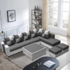 Sierra 5 Seater L-Shape Fabric Sofa with 1 Centre Table & 2 Puffy – Light Grey
