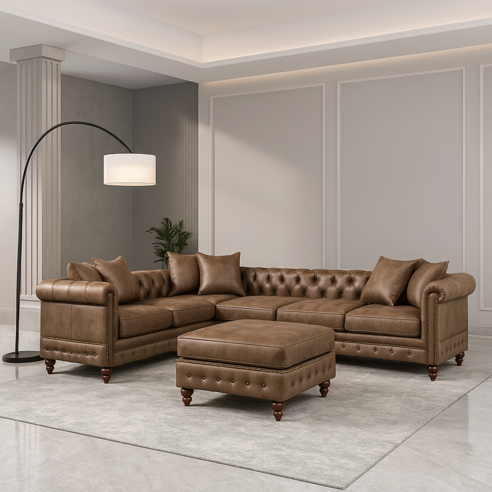 Crawford 4-Seater Faux Leather L-Shape Corner Sofa – Brown