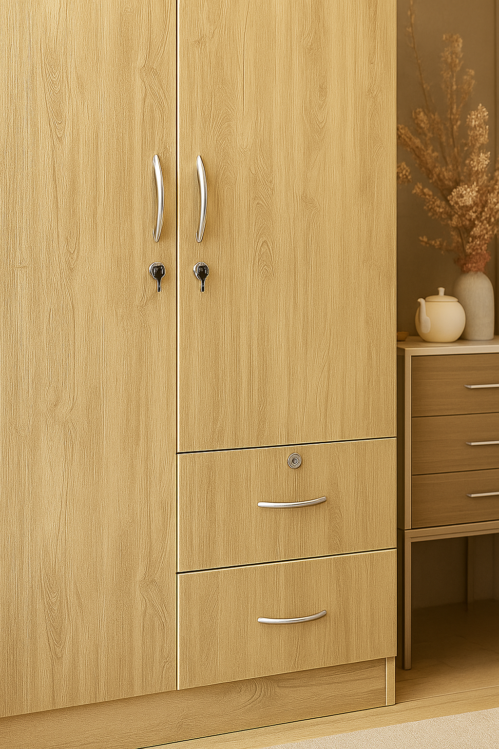 Modern 2 Door Wooden Wardrobe with Drawers – Natural Oak Finish
