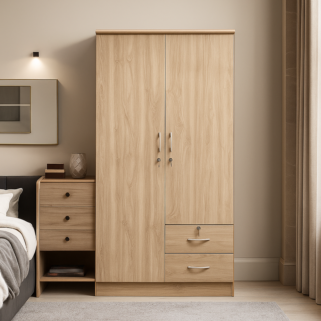 Modern 2 Door Wooden Wardrobe with Drawers – Natural Oak Finish