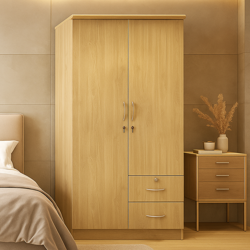 Modern 2 Door Wooden Wardrobe with Drawers – Natural Oak Finish