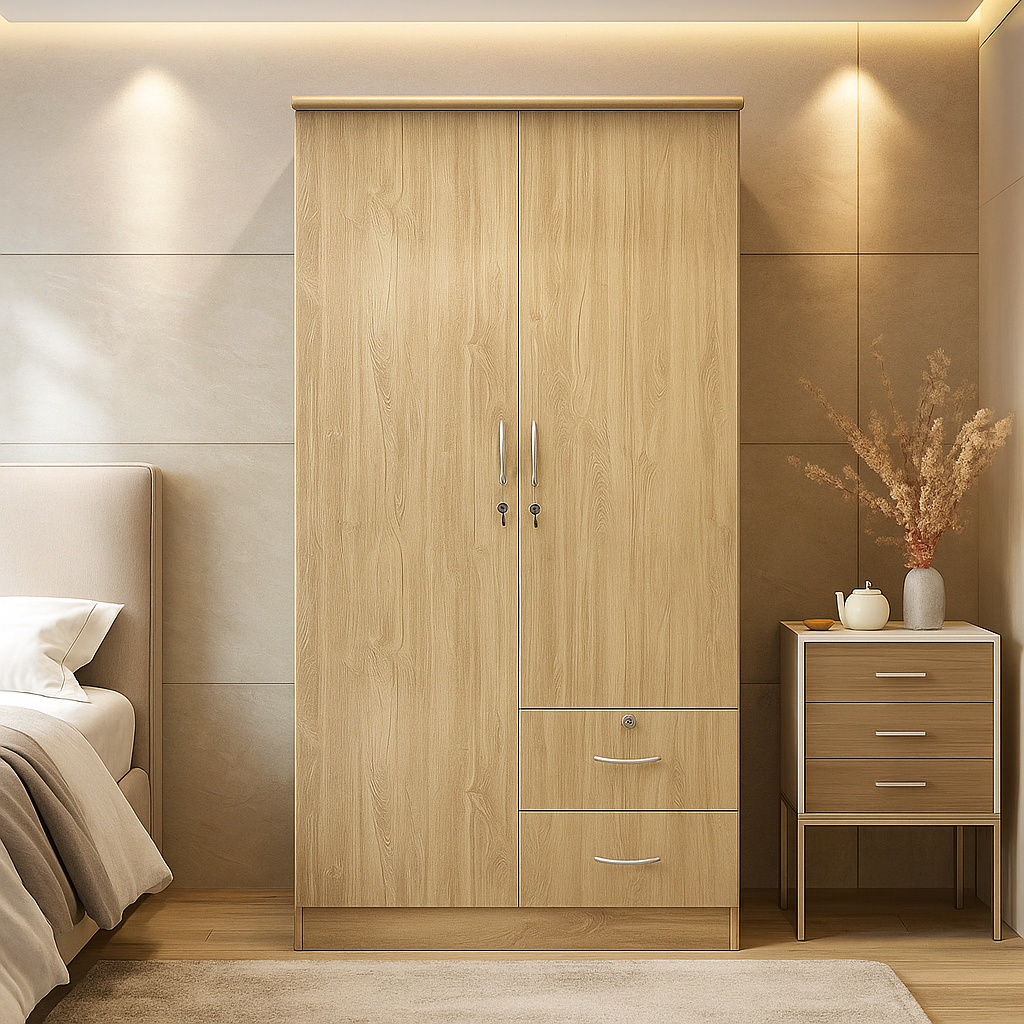 Modern 2 Door Wooden Wardrobe with Drawers – Natural Oak Finish