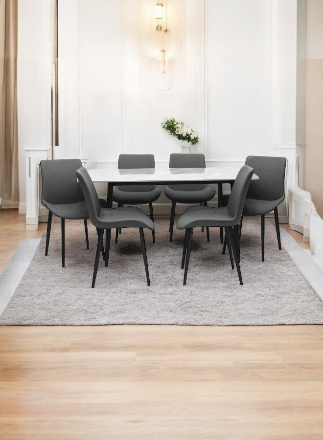 ROZA Marble Dining Table Set with Leather Chairs in Black-Grey