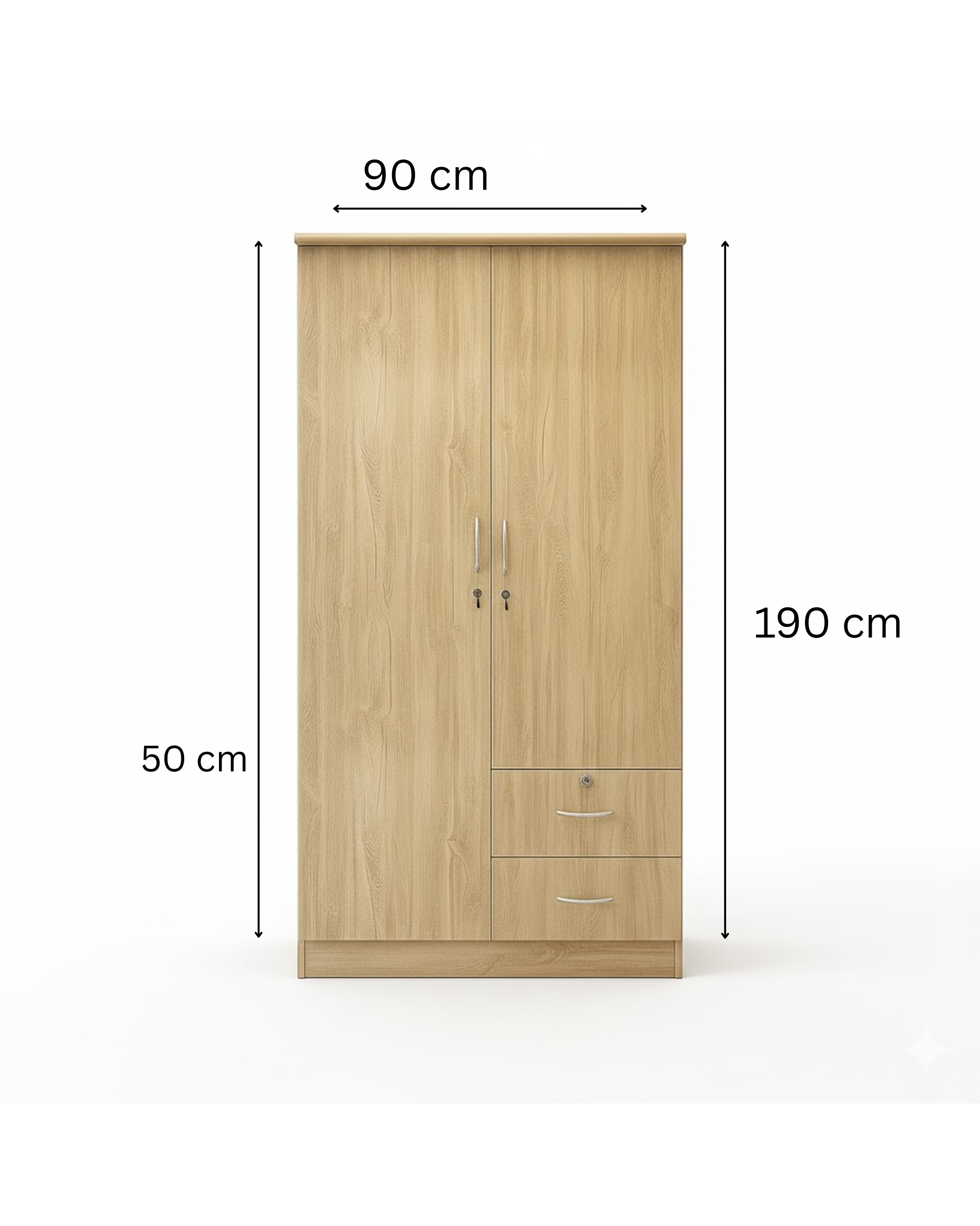 Modern 2 Door Wooden Wardrobe with Drawers – Natural Oak Finish