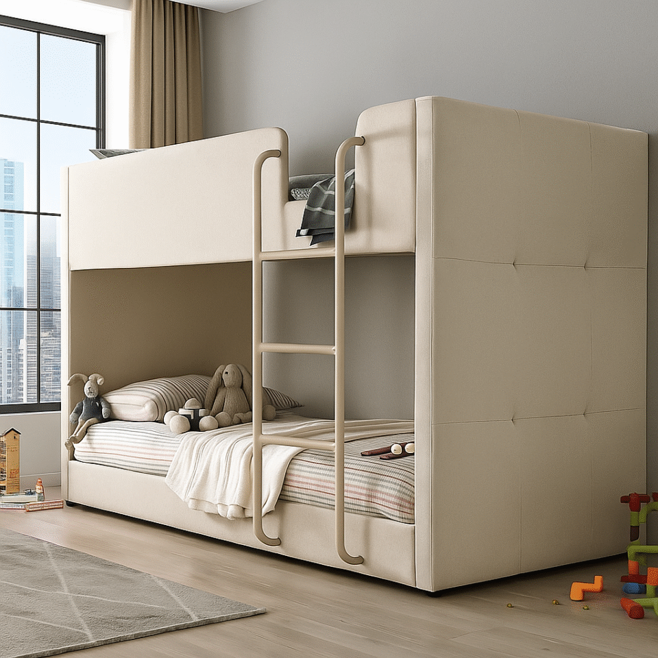 Radir Kids Upholstered Bunk Bed with Ladder – Modern Space-Saving Twin Bed for Children & Teen…