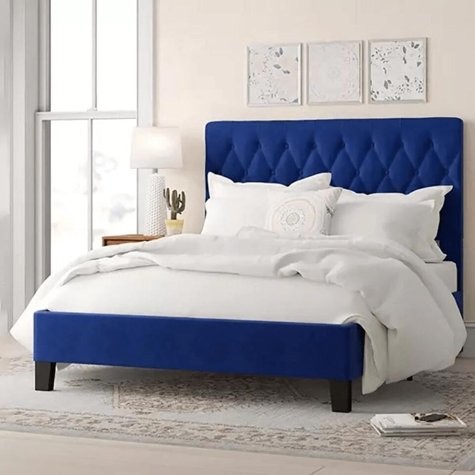 Karnak Freya Tufted Upholstered Velvet Bed – Catalina Blue, Super King: 200 x 200cm…
