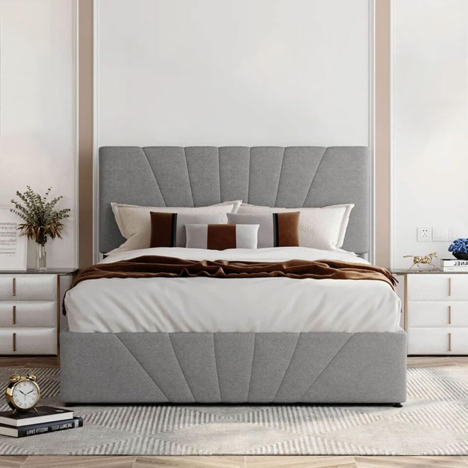Karnak Blake Platform Frame Linen Upholstery Bed – Super King: 200 x 200cm, Grey…