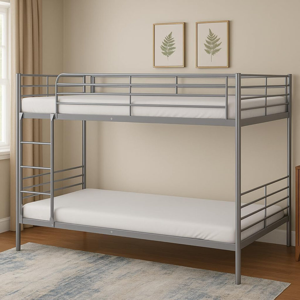 Karnak Heavy Duty Metal Bunk Bed – Steel Frame, Silver Finish | 90×190 cm | Sturdy Bunk Bed f…