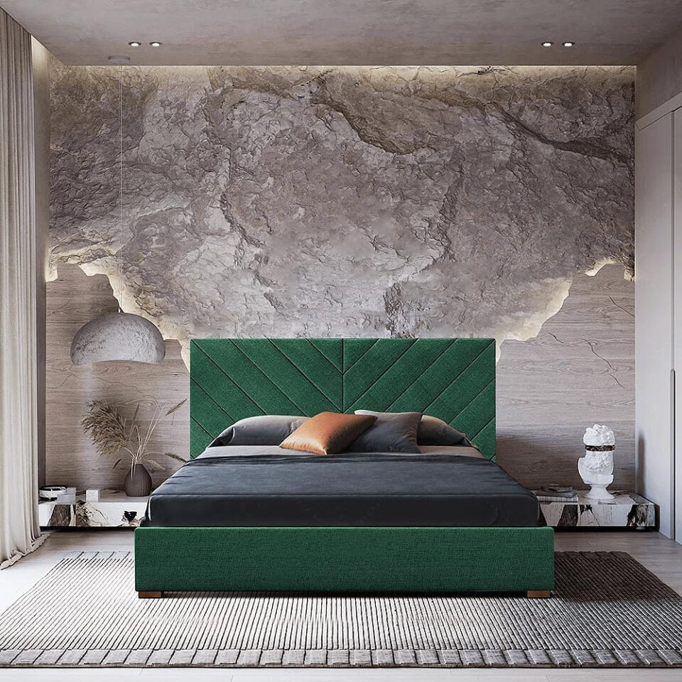 Karnak Syla Upholstered Linen Bed – Dark Slate Green, King: 180 x 200cm…