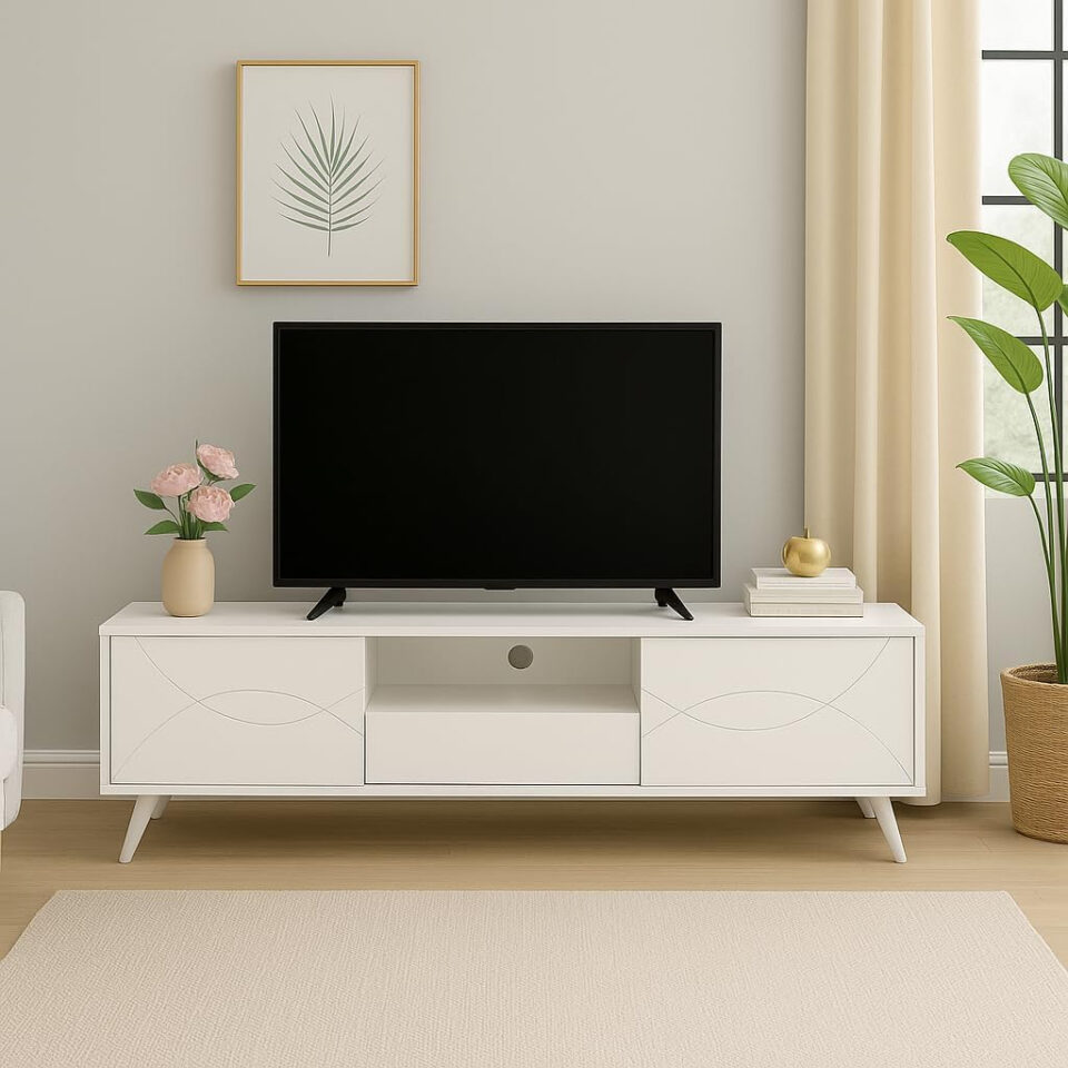Karnak Modern White TV Stand 120CM – Wooden Entertainment Unit with Storage Cabinets – Media Con…