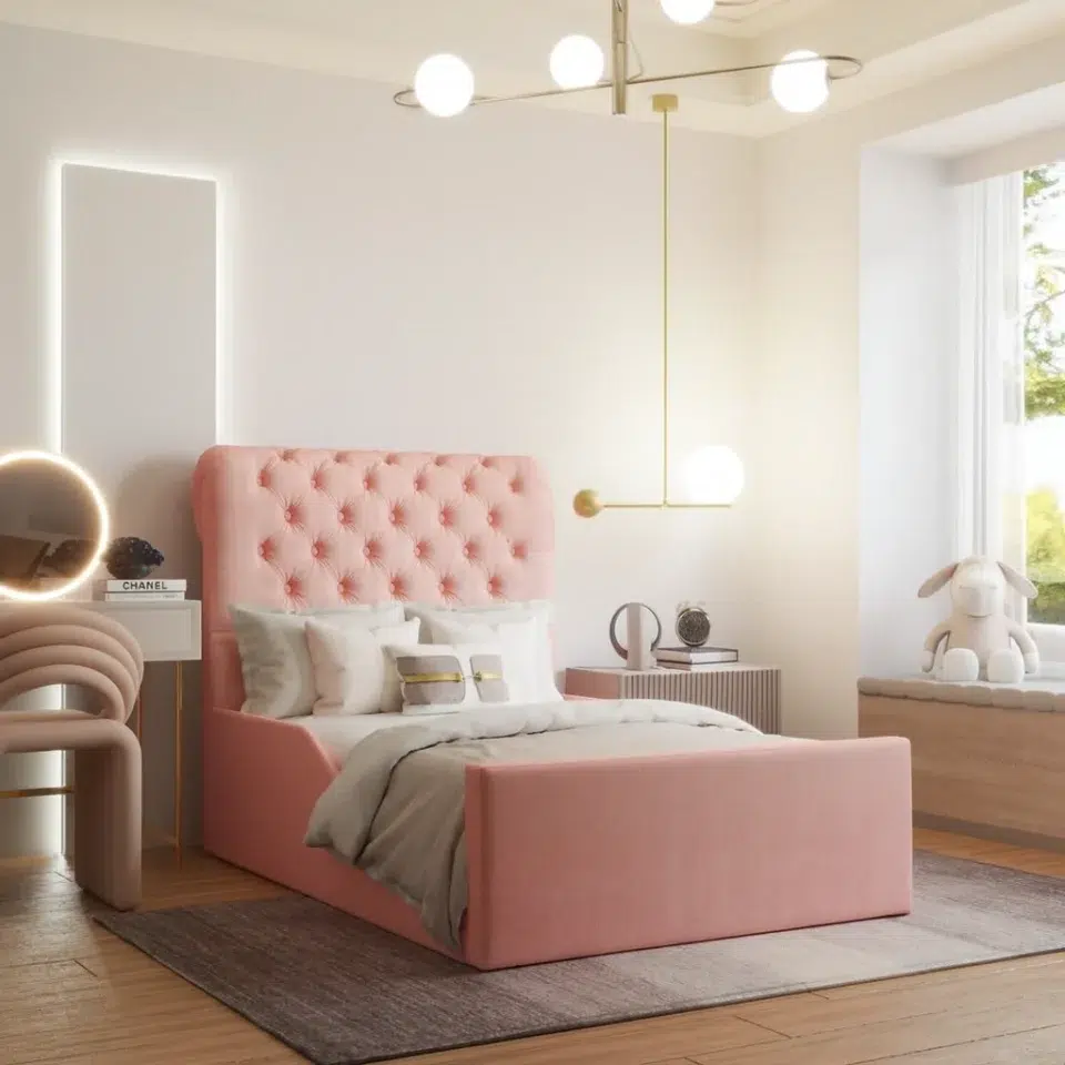Blush Velvet Tufted Panel Bed