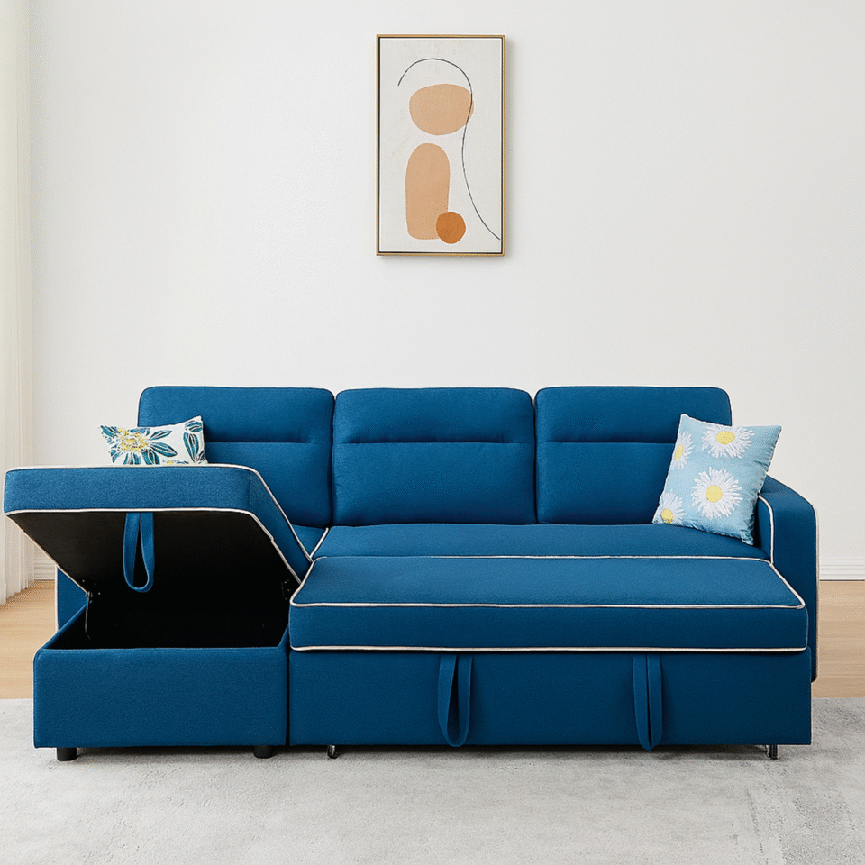 SAIYAARA 3-Seater Diwan Sofa Cum Bed with Convertible Left/Right Chaise & In-Built Storage | Gre…