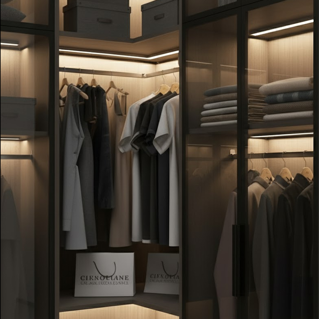 Luxury Corner Glass Door Wardrobe with LED Lighting