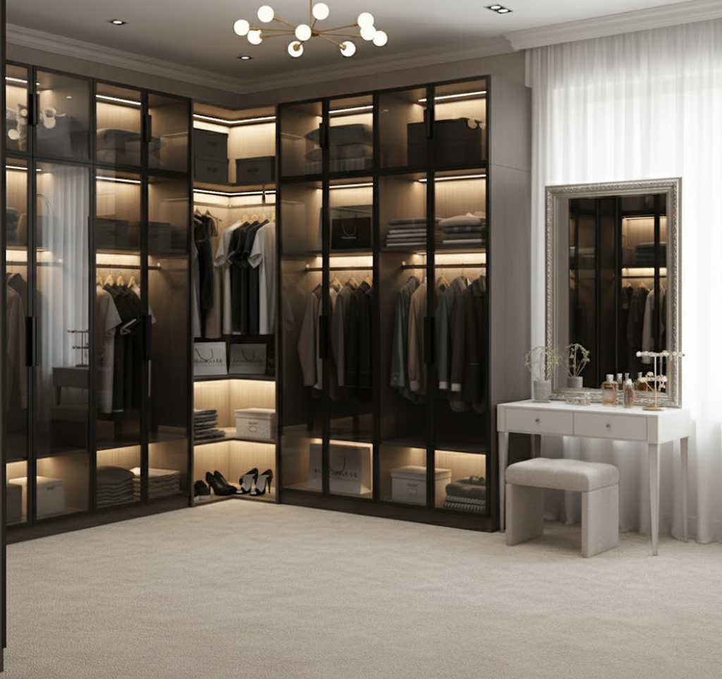 Luxury Corner Glass Door Wardrobe with LED Lighting