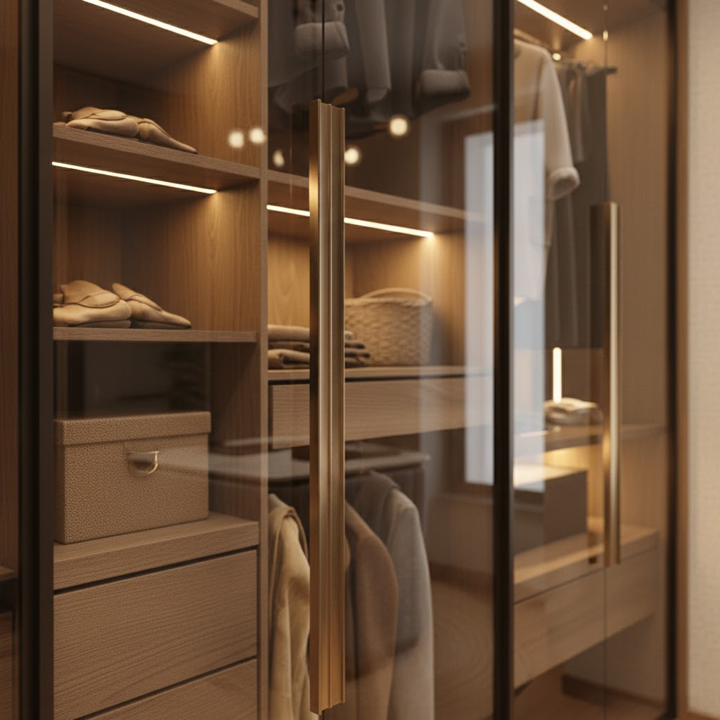 Luxury Glass Door Wardrobe with LED Lighting & Multiple Storage Sections