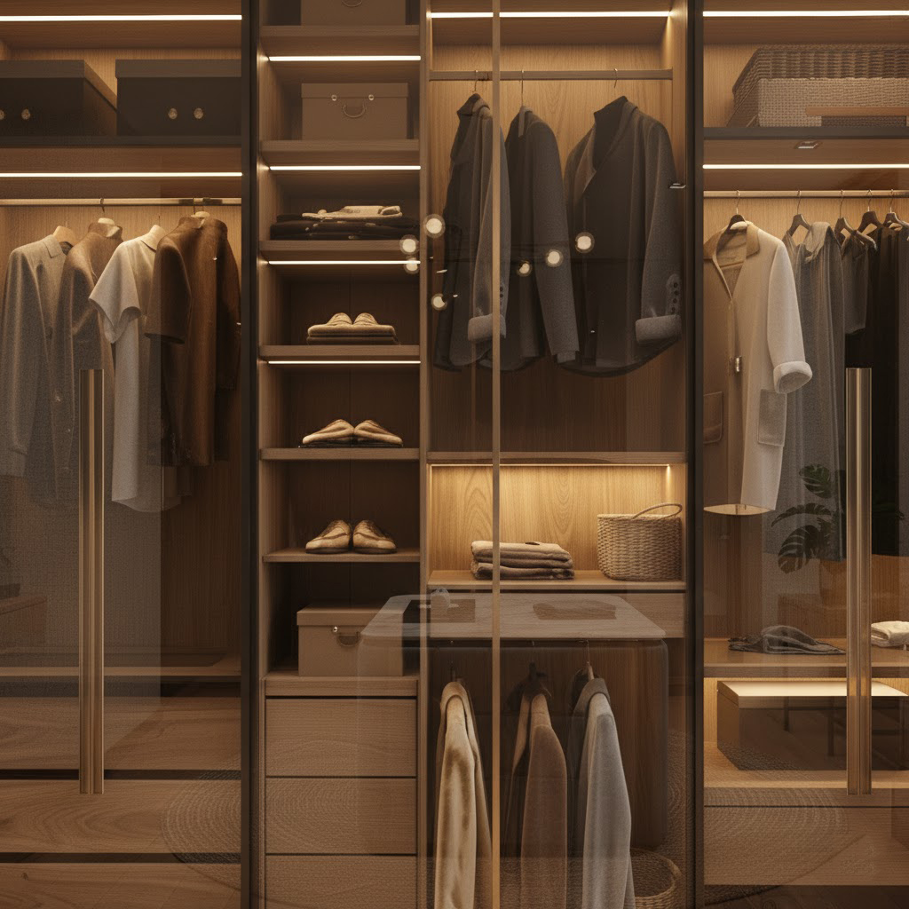 Luxury Glass Door Wardrobe with LED Lighting & Multiple Storage Sections