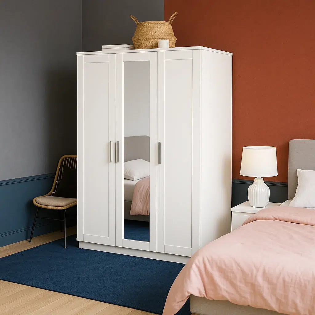 White Flynn Triple Wardrobe – Modern Design with Mirror