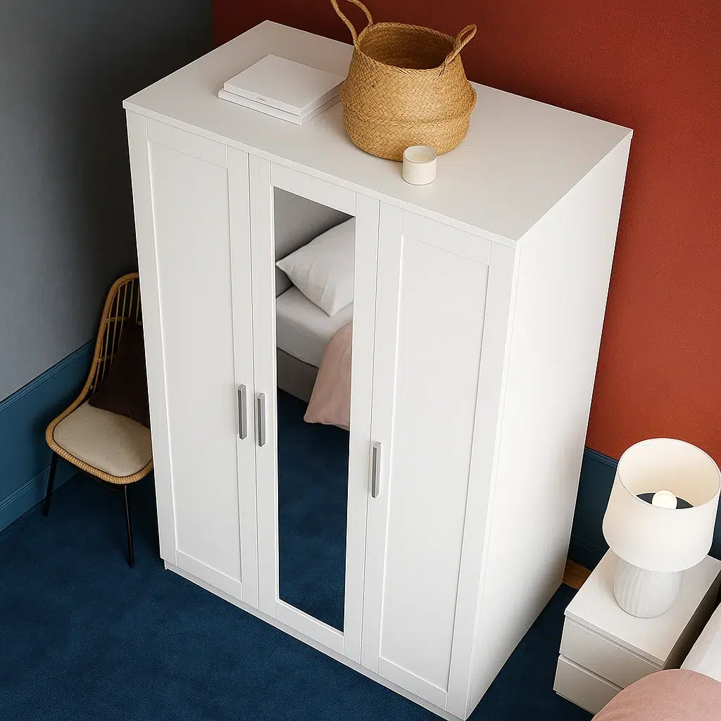 White Flynn Triple Wardrobe – Modern Design with Mirror