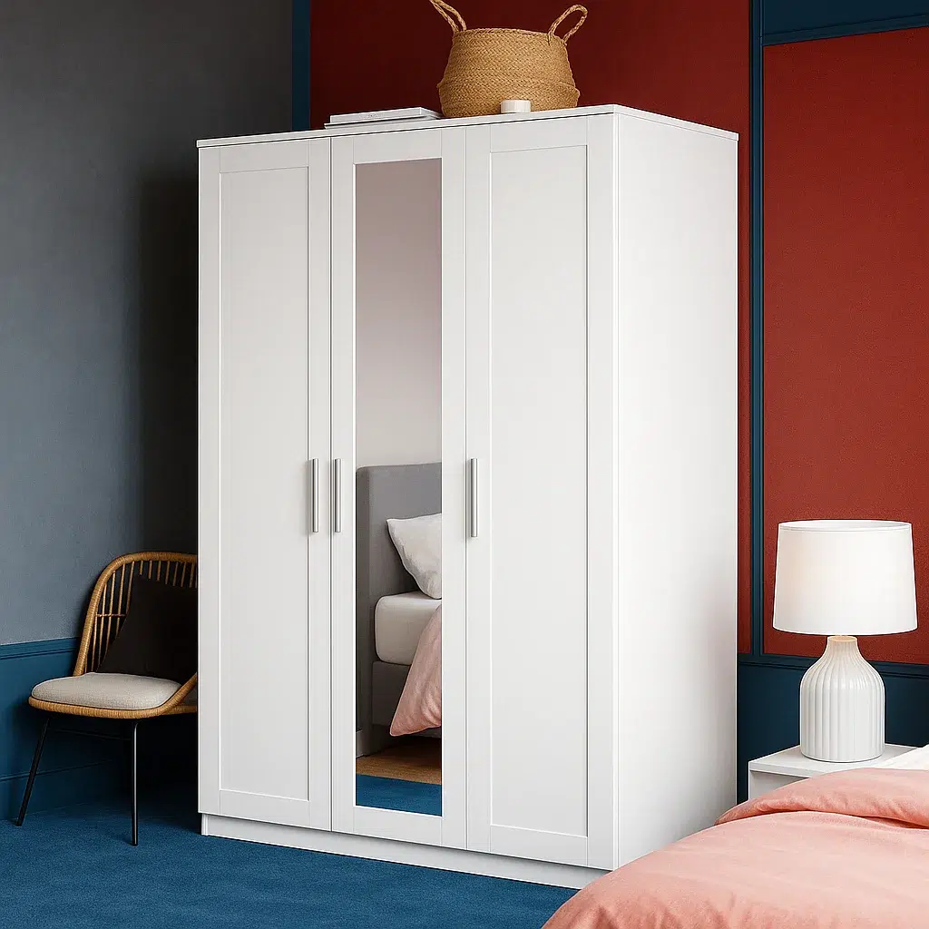 White Flynn Triple Wardrobe – Modern Design with Mirror