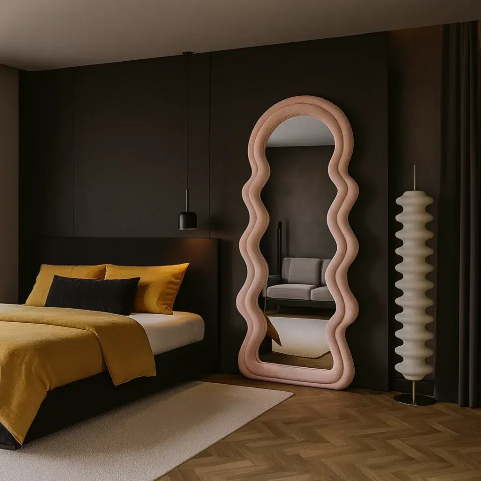 Wavy Pink Velvet Floor Mirror