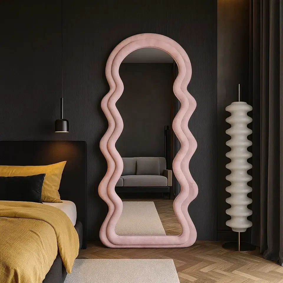 Wavy Pink Velvet Floor Mirror
