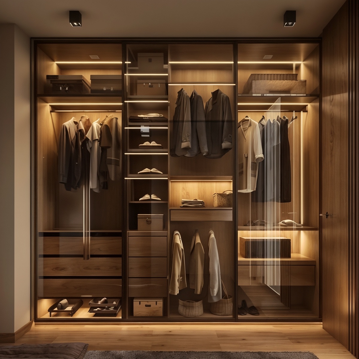 Luxury Glass Door Wardrobe with LED Lighting & Multiple Storage Sections