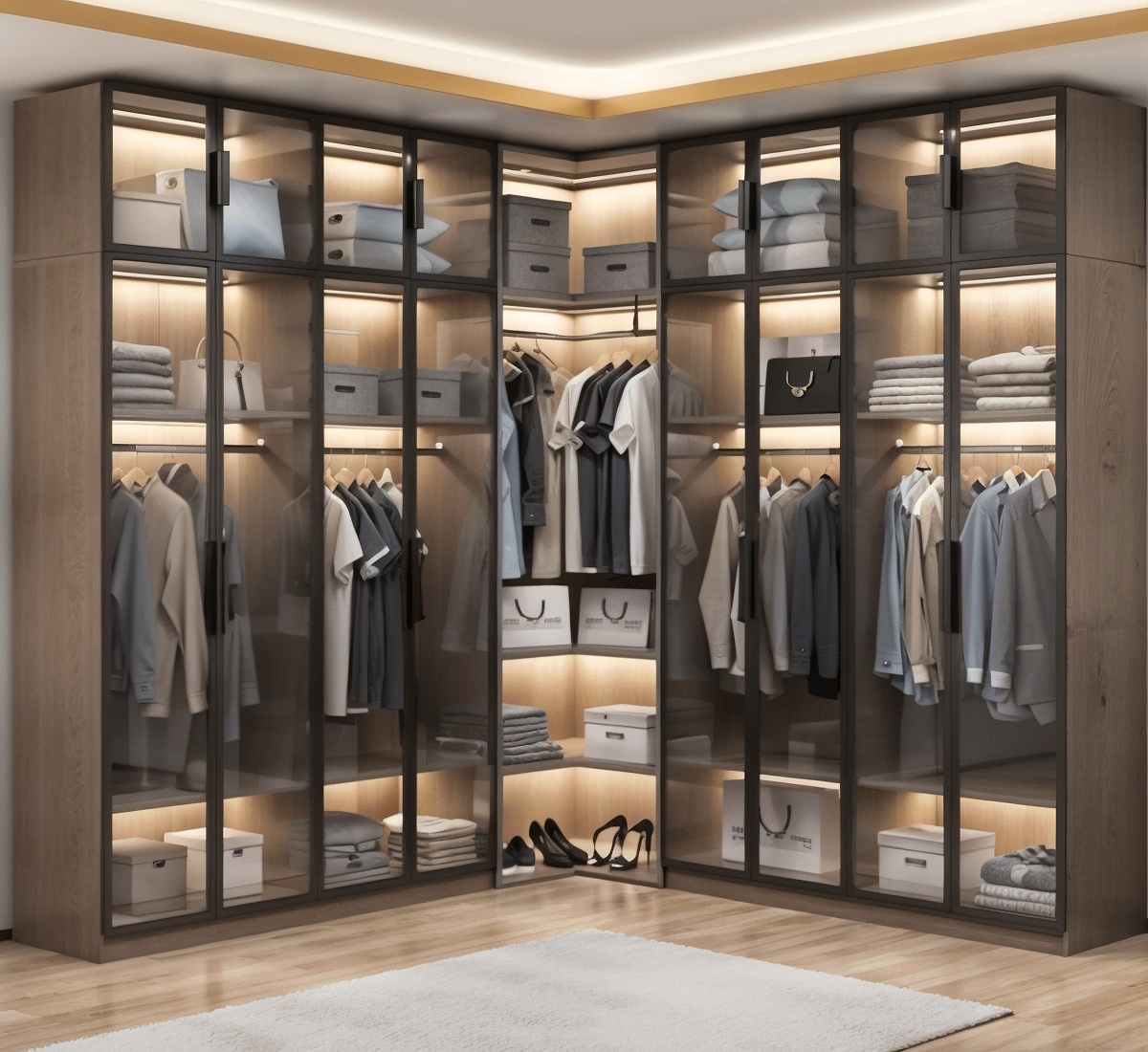Luxury Corner Glass Door Wardrobe with LED Lighting