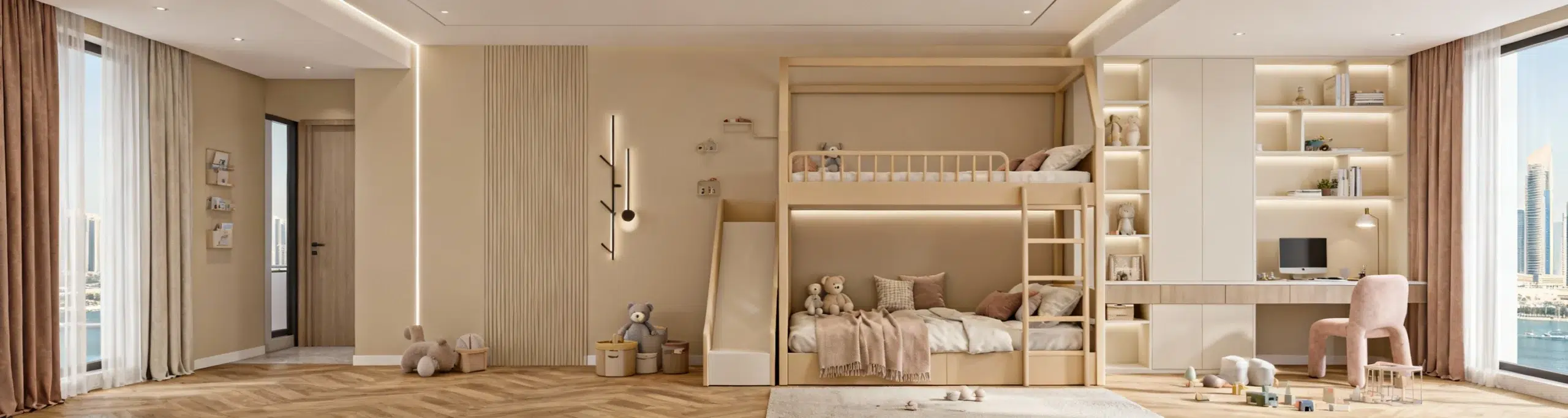 Space saving bunk beds Dubai apartment compact kids room with storage and study area