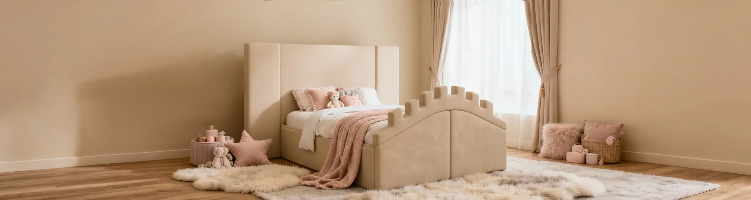 Rapunzel castle kids bed Dubai custom made with storage and safety rails pink theme