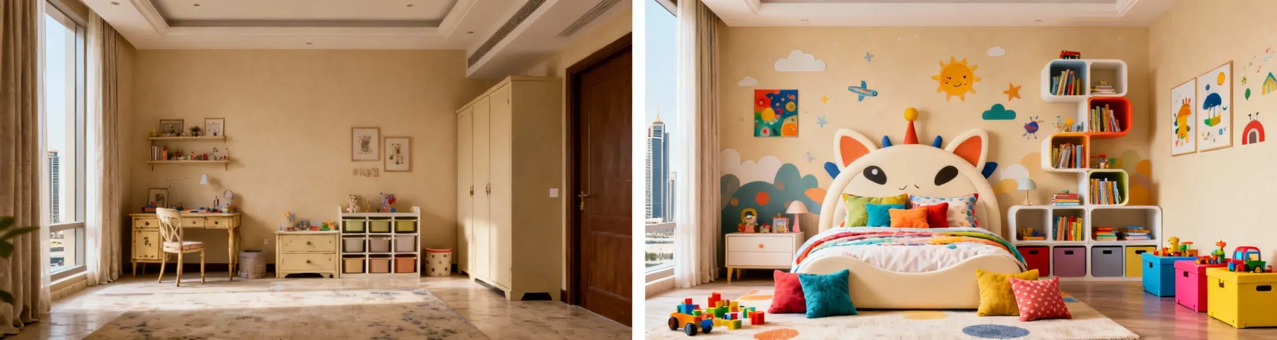 Dubai apartment kids room transformation before after custom bunk bed storage JLT