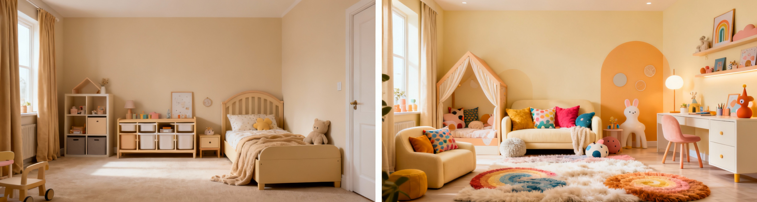 Dubai apartment kids room before and after custom furniture installation showing space optimization