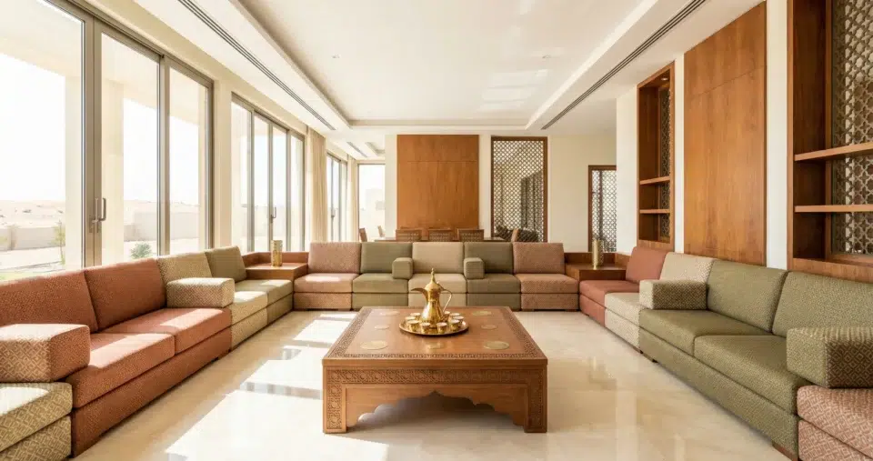 Luxury Majlis furniture UAE in modern Dubai villa with earth-tone upholstery and U-shaped seating arrangement BY KARNAK HOME