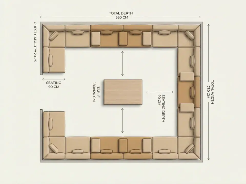 U-shaped Majlis seating arrangement floor plan for UAE villa with optimal guest flow BY KARNAK HOME