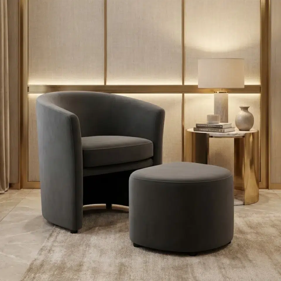 Velvet Armchair and Ottoman