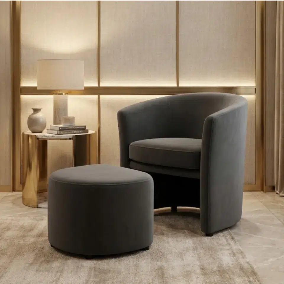 Velvet Armchair and Ottoman