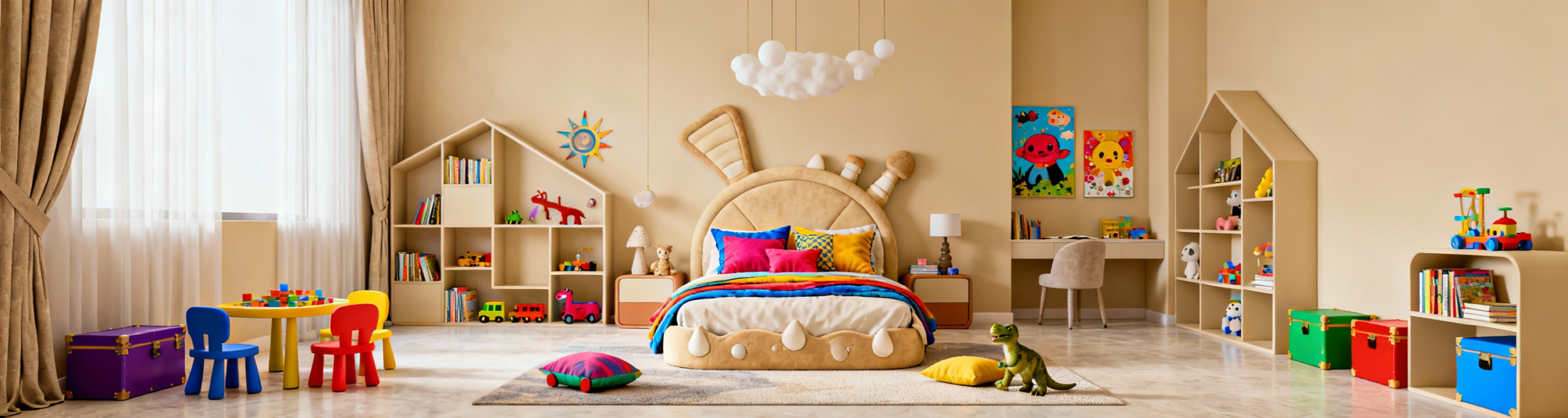 Kids bedroom furniture Dubai ages 5-10 themed beds toy storage colorful designs playful