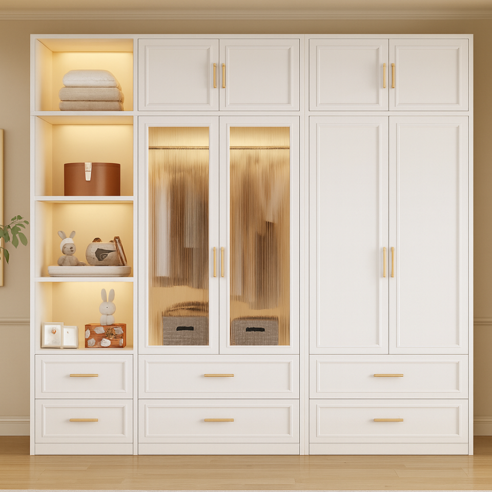 Modular Glass Door Wardrobe with Open Shelves