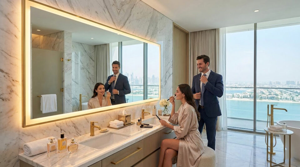 Custom LED mirror installation in Palm Jumeirah villa bathroom in UAE