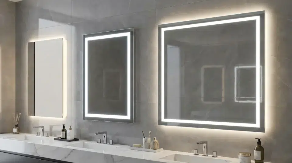 Three LED bathroom mirrors configurations - backlit, edge-lit, and combined lighting in Dubai - UAE