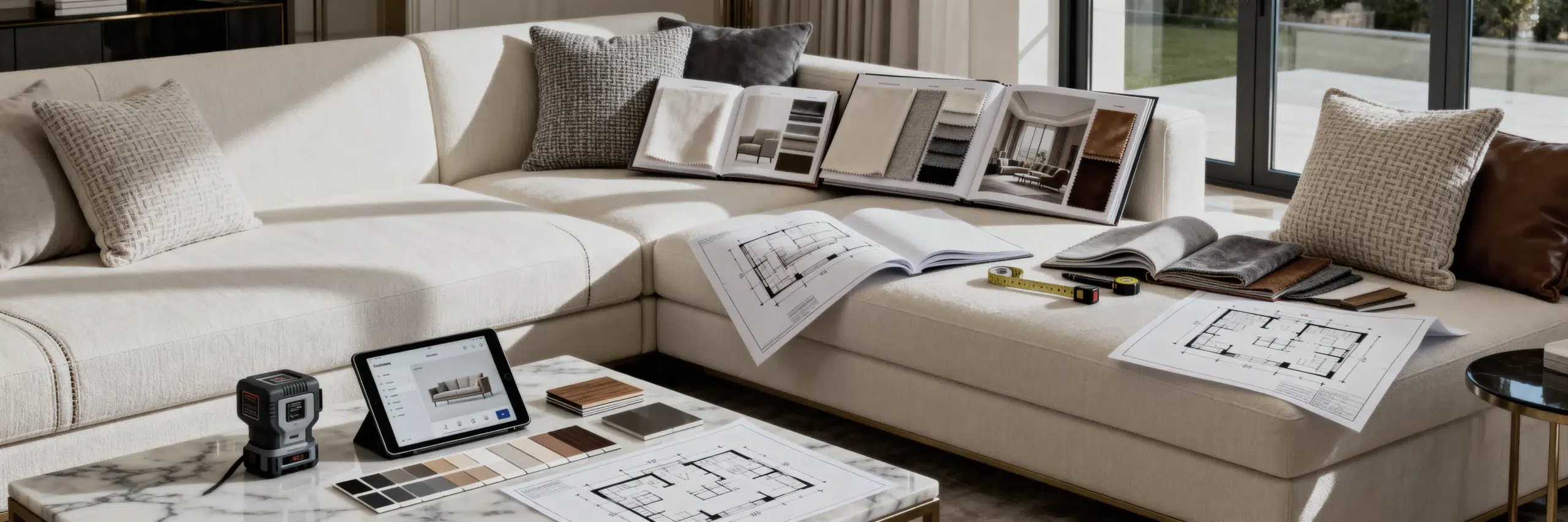 Free home visit consultation setup in luxury villa living room with laser measuring tools, digital tablet displaying furniture catalog, fabric sample books on sofa, architectural floor plans, color palette cards, room assessment equipment