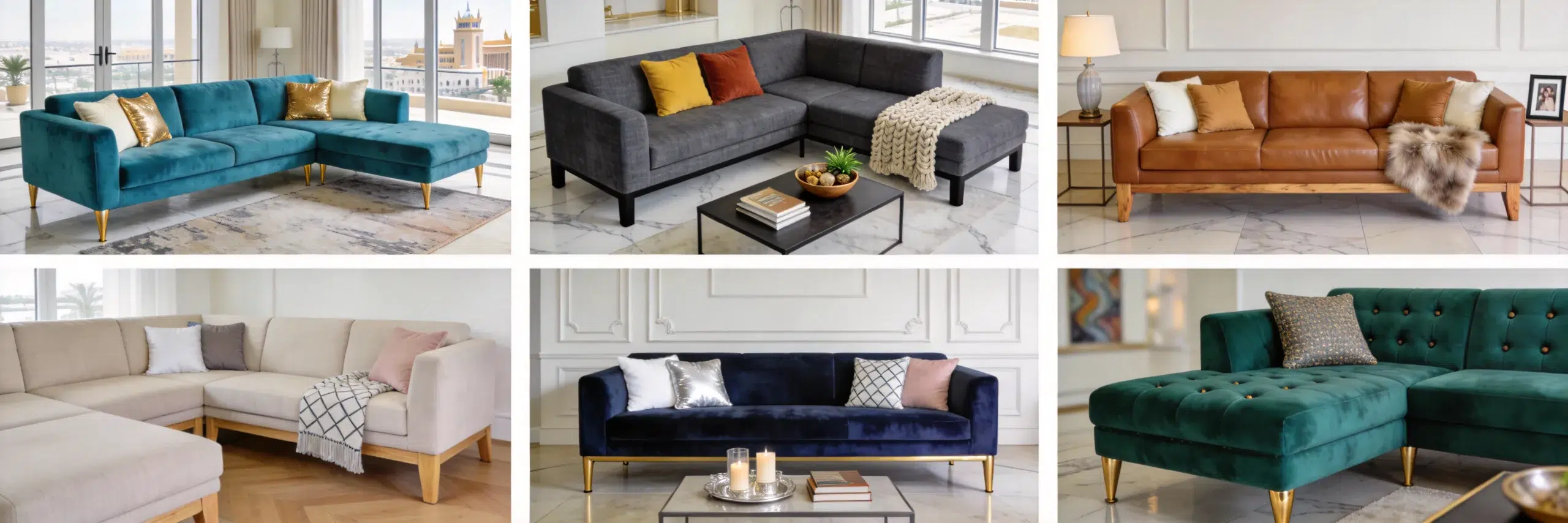 3 seater sectional sofa Dubai collection - L-shape, sectional, classic designs in turquoise, grey, brown by Karnak Home