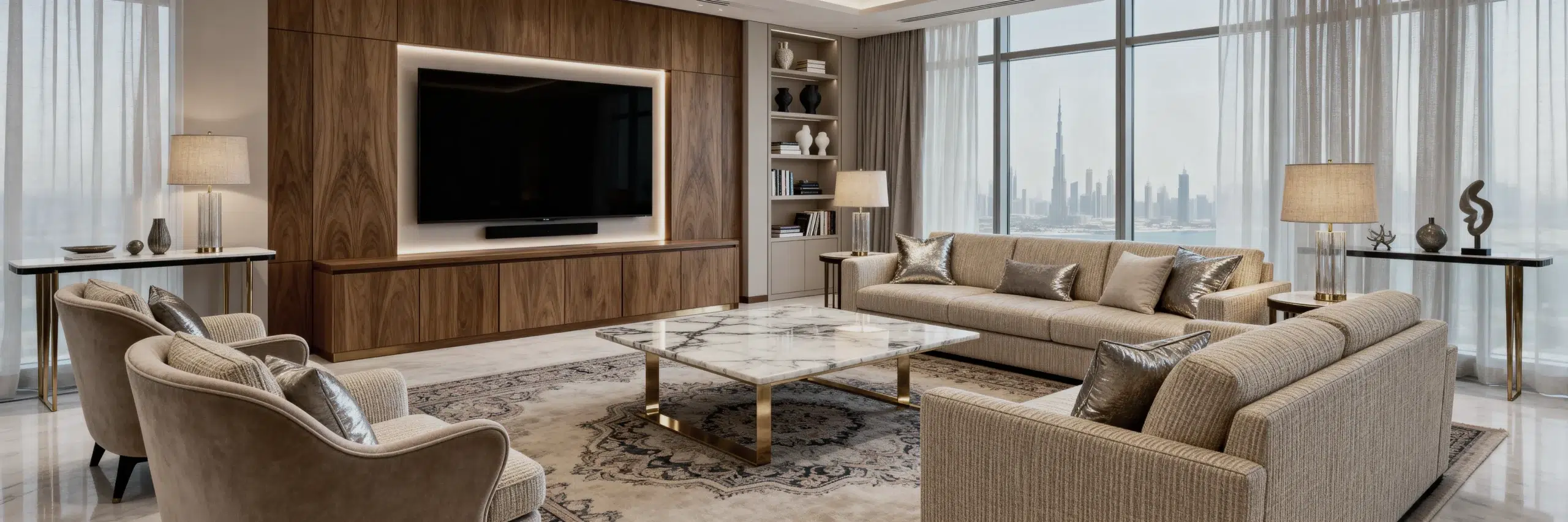 Complete living room furniture display featuring L-shaped corner sofa, marble coffee table with gold legs, wooden TV entertainment unit, side tables with lamps, console table, bookshelf, Persian rug, curtains, Dubai skyline view through windows