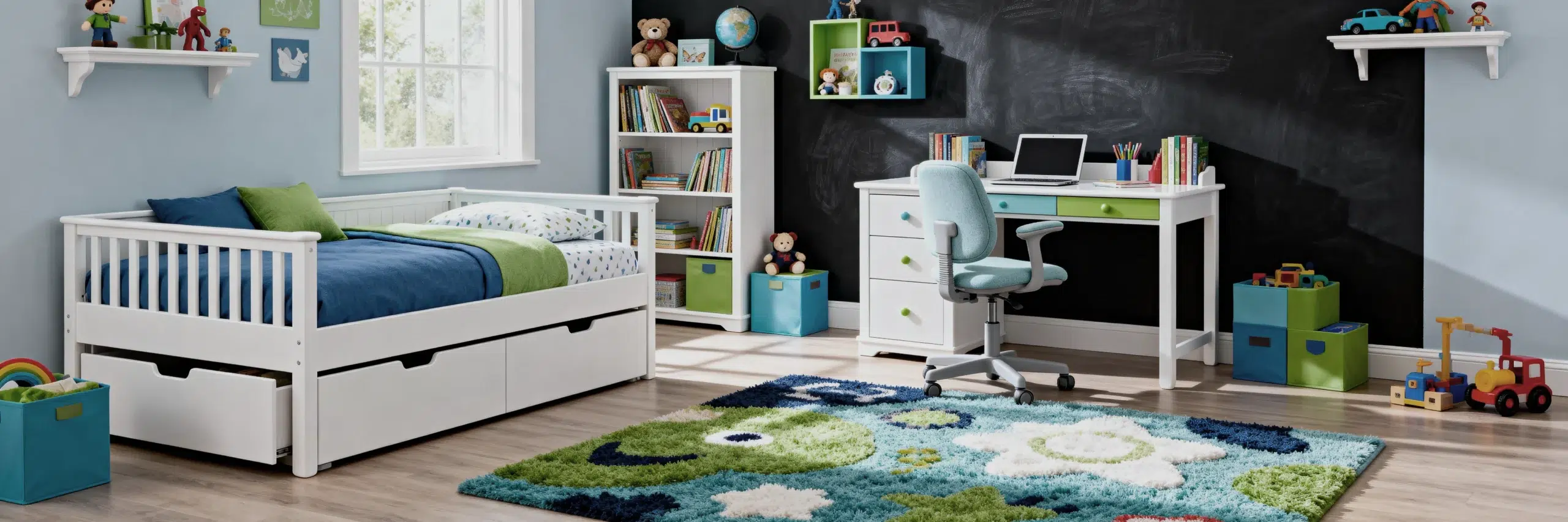 Colorful children's bedroom furniture including white single bed with safety rails and storage drawers, study desk with ergonomic chair, bookshelf with books and toys, storage boxes, wall shelves, playful area rug, blackboard wall, natural window lighting