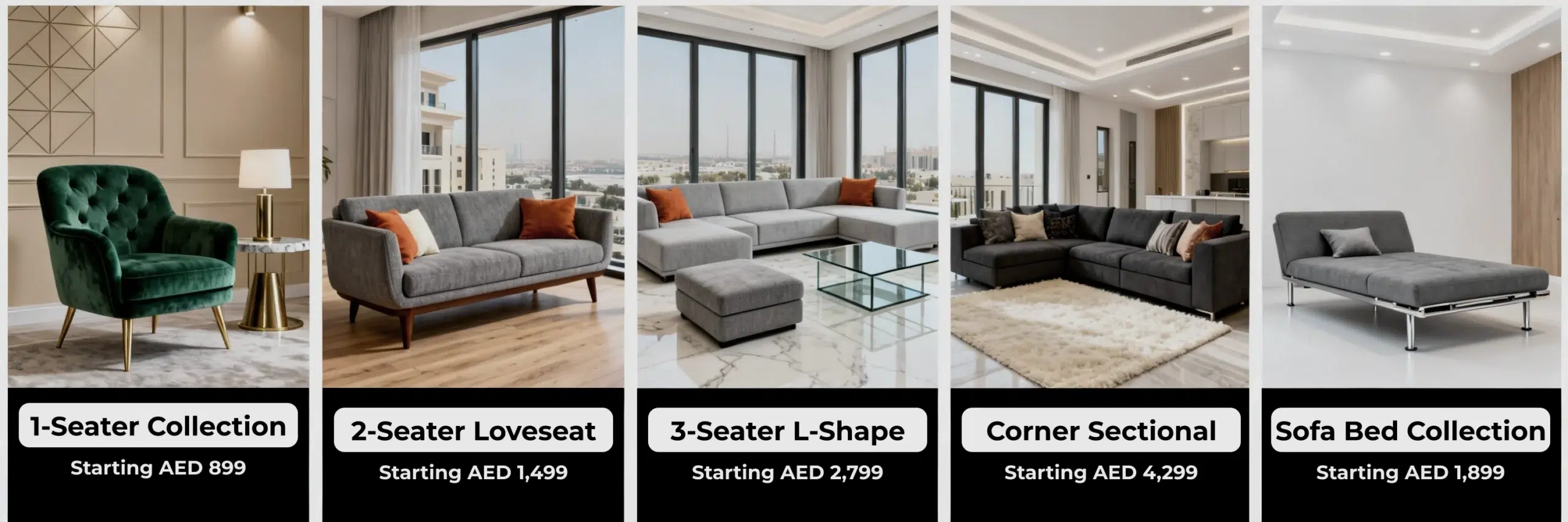Buy sofa Dubai - 5 categories from 1-seater armchairs to corner sofas and sofa beds, complete collection by Karnak Home