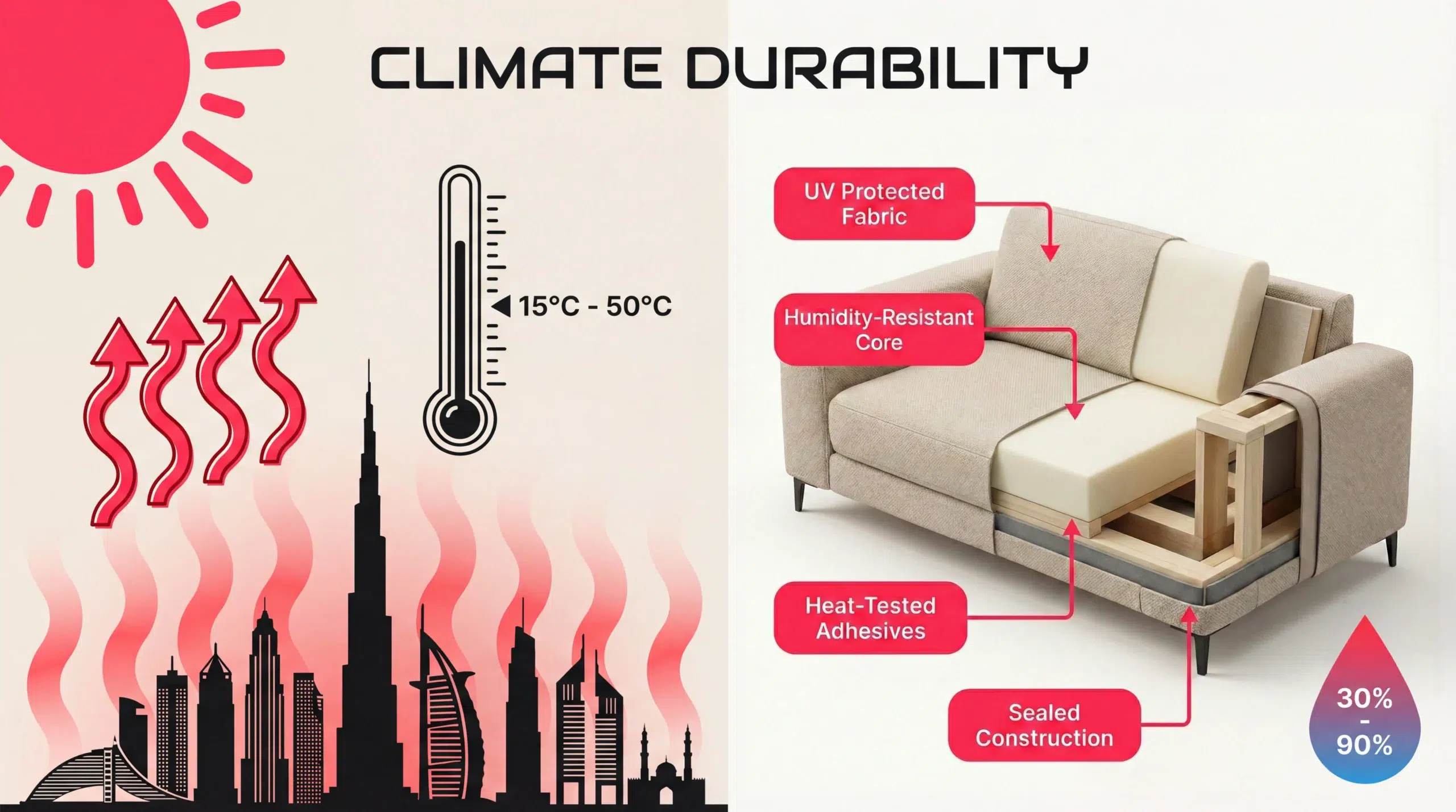 Climate-resistant living room furniture for Dubai - UV protection, humidity-resistant materials, built for UAE heat at karnak home