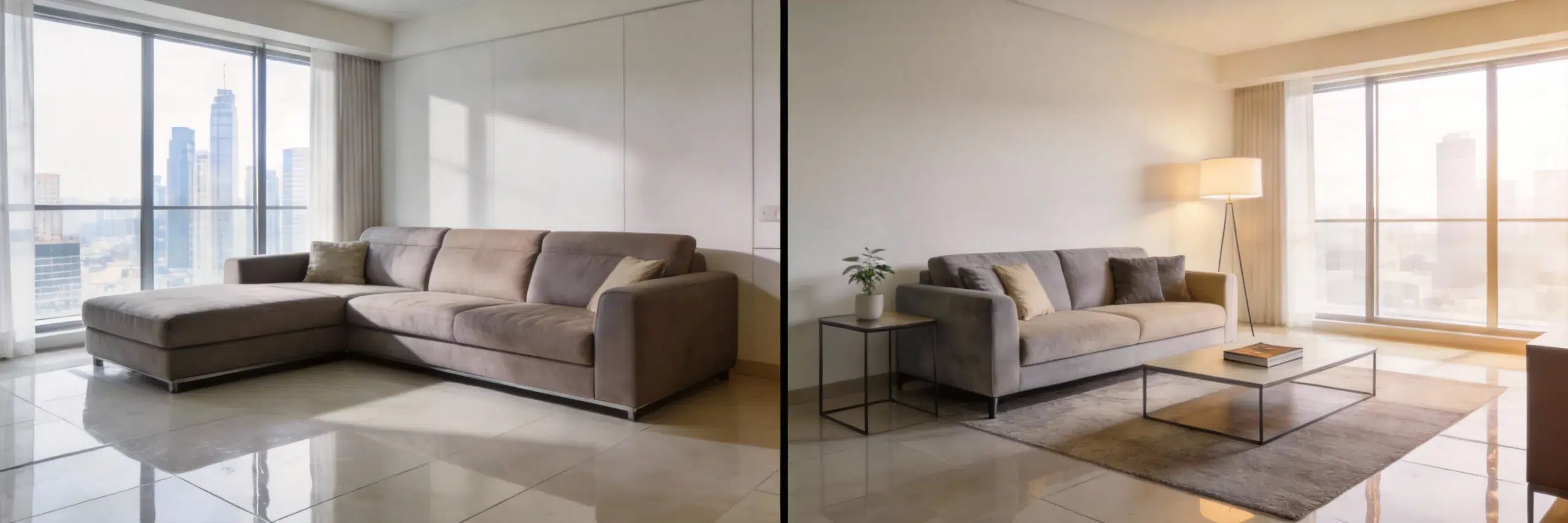 Compact sofa for small spaces Dubai - 2-seater vs 3-seater space comparison in studio apartment at karnak home